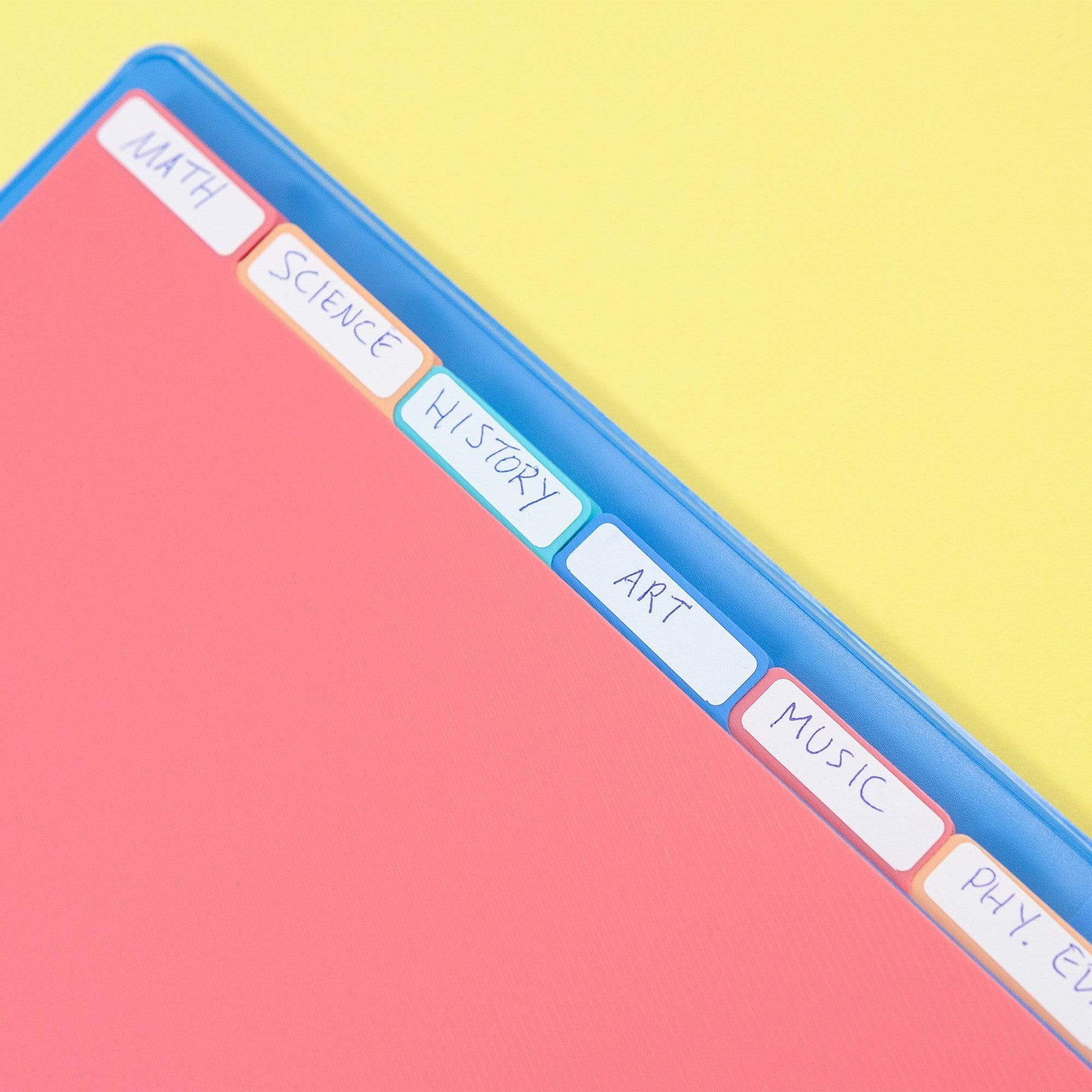 8 tab dividers shown inside binder with hand-written labels - MATH, SCIENCE, HISTORY, ART,  MUSIC, PHY. ED 