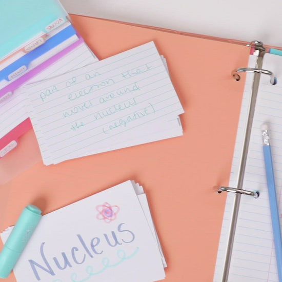 video of 8 tab dividers shown with binders, journal set, pencil organizer, document organizer, pencils, highlighters, index card set in coordinating colors