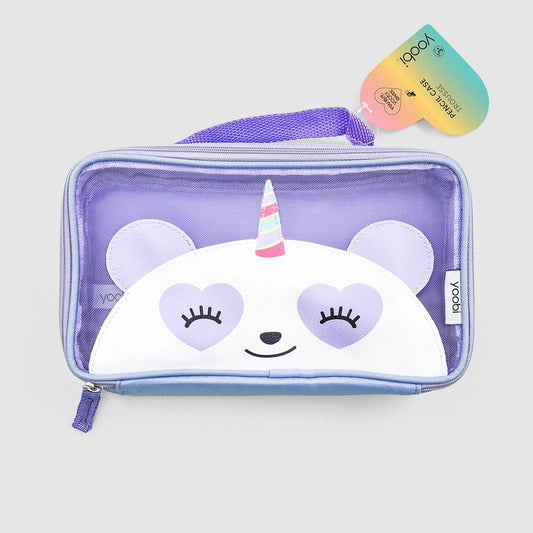 pandacorn mesh pencil case with cute panda face with unicorn horn.  Zip around, lavender rectangle shape