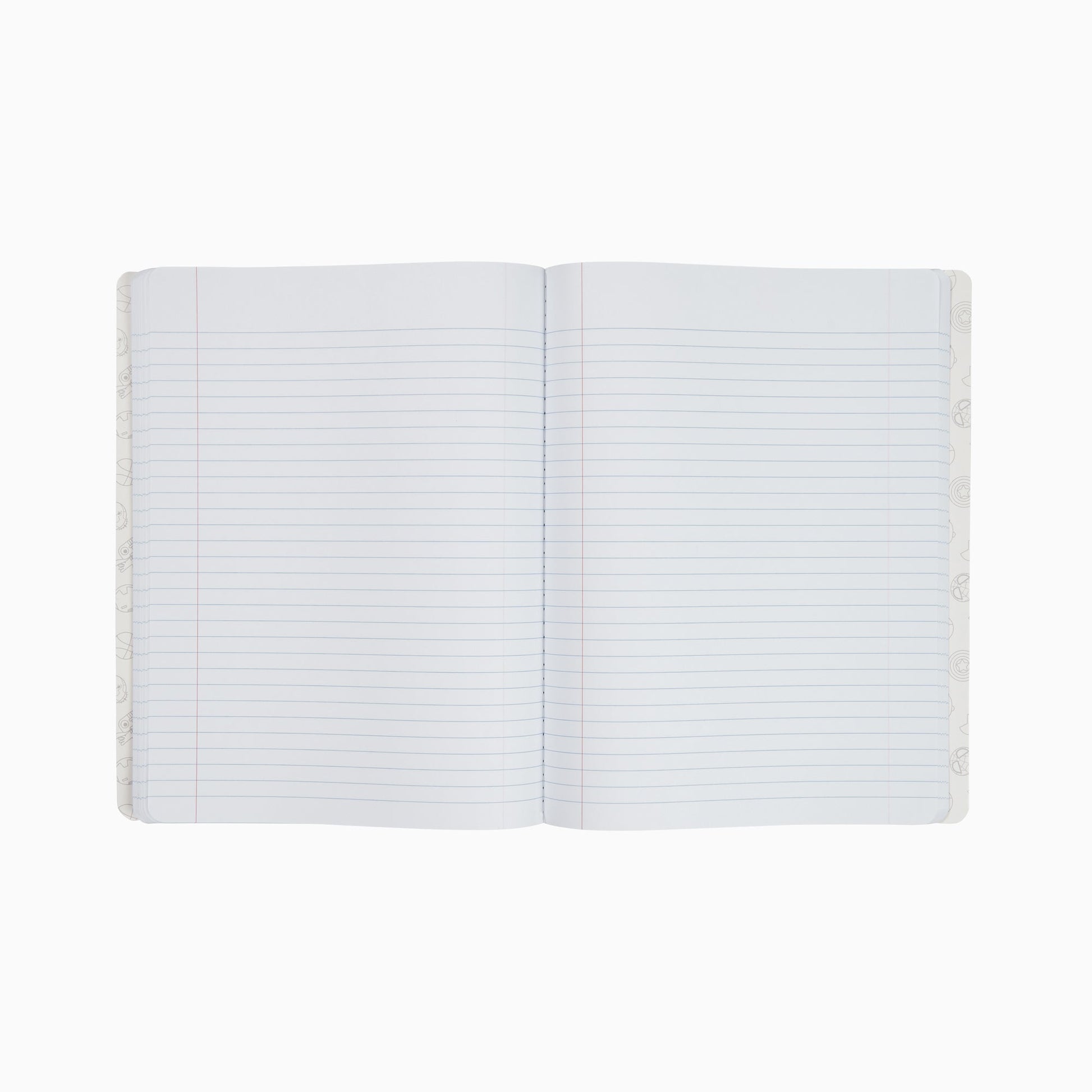 Inside of open composition book showing college rule lined paper