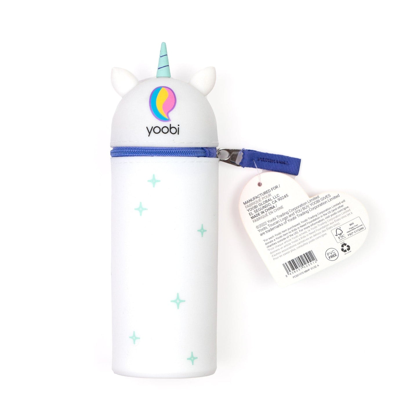 White standing unicorn pencil case showing back of case with unicorn tail printed on back of top