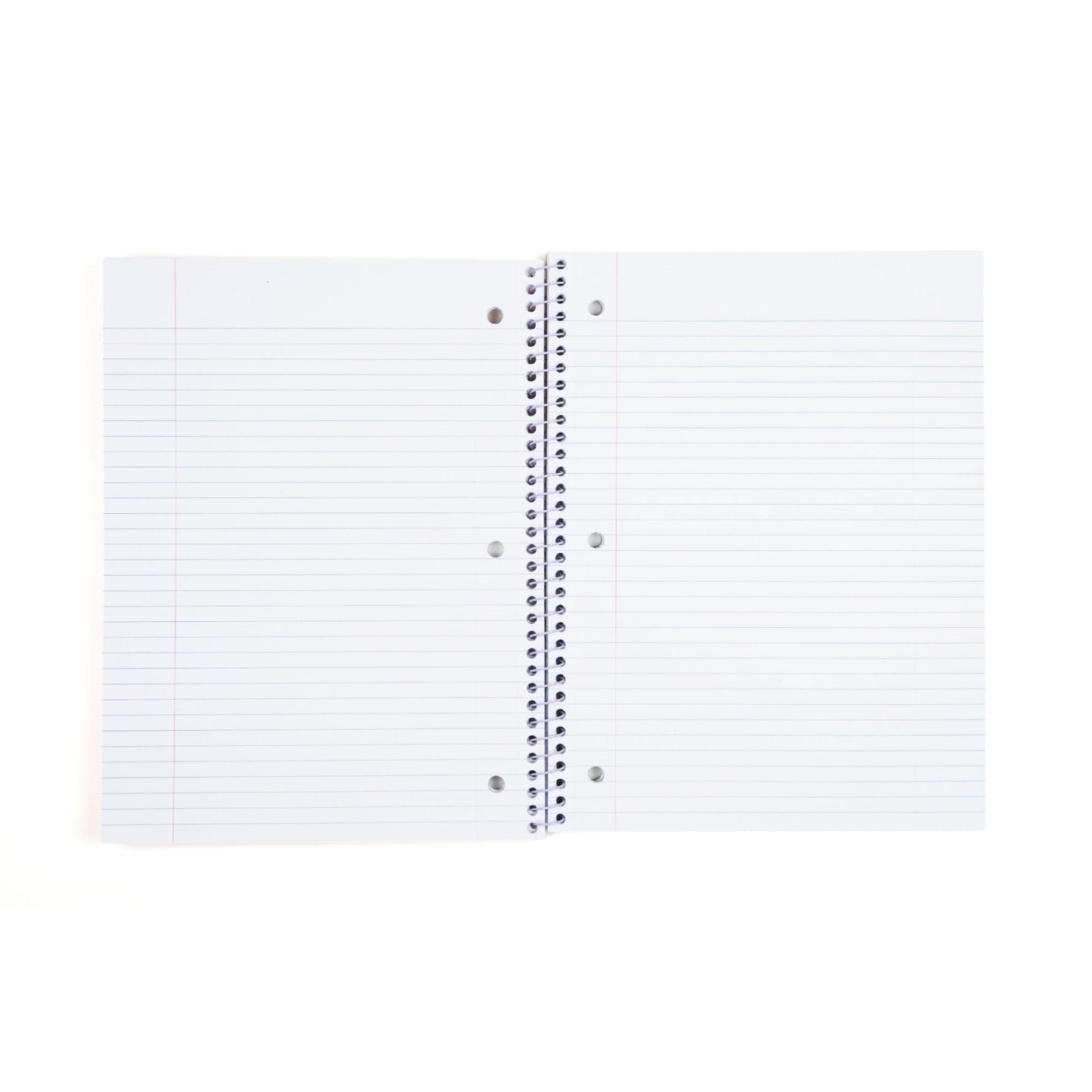 Inside of open one subject spiral notebook showing college ruled 3-ring hole punched perforated paper