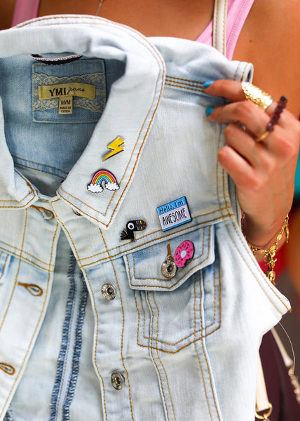 yoobi pins on YMI jean jacket