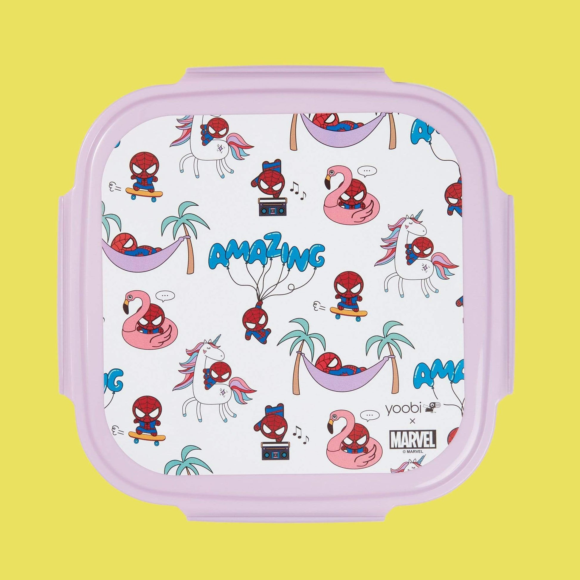 white bento box with cartoon Spider-Man print