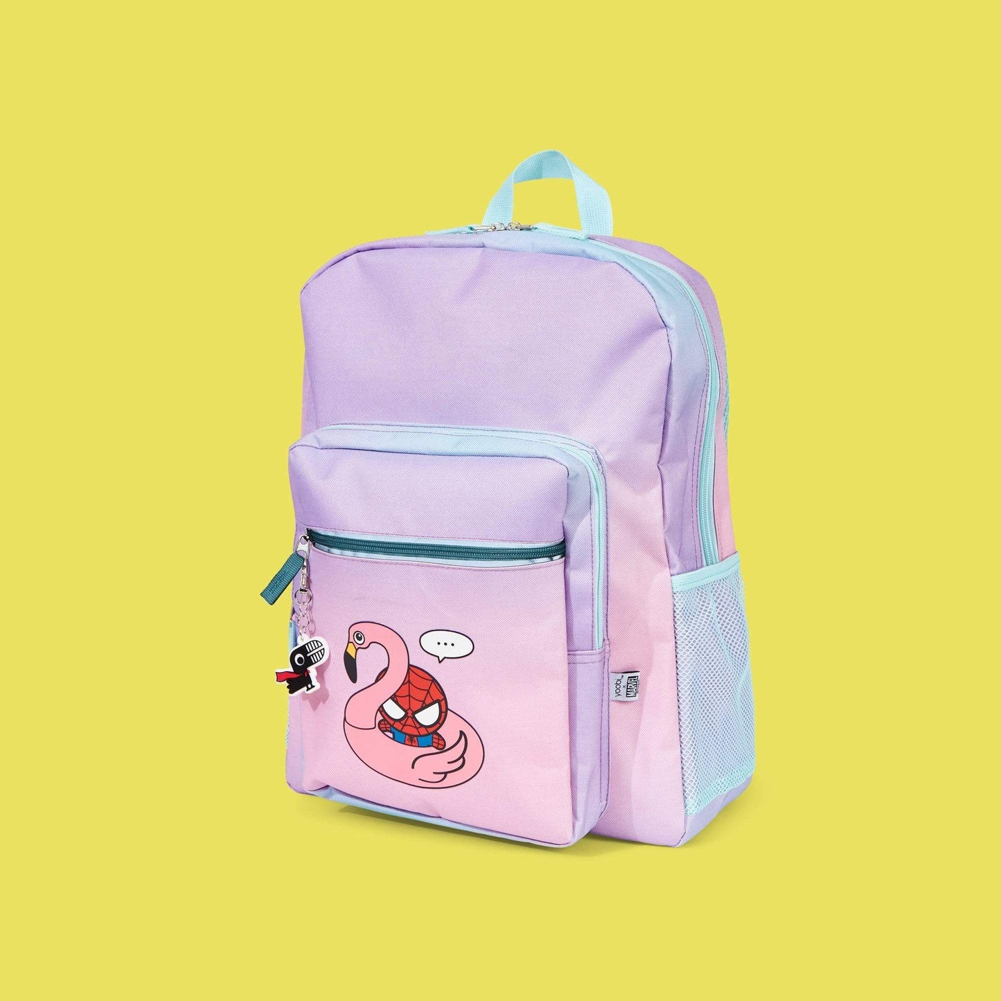 floaty Spider-Man backpack showing GWP toucan keychain.  Front zipper pocket and mesh side pocket to hold a waterbottle