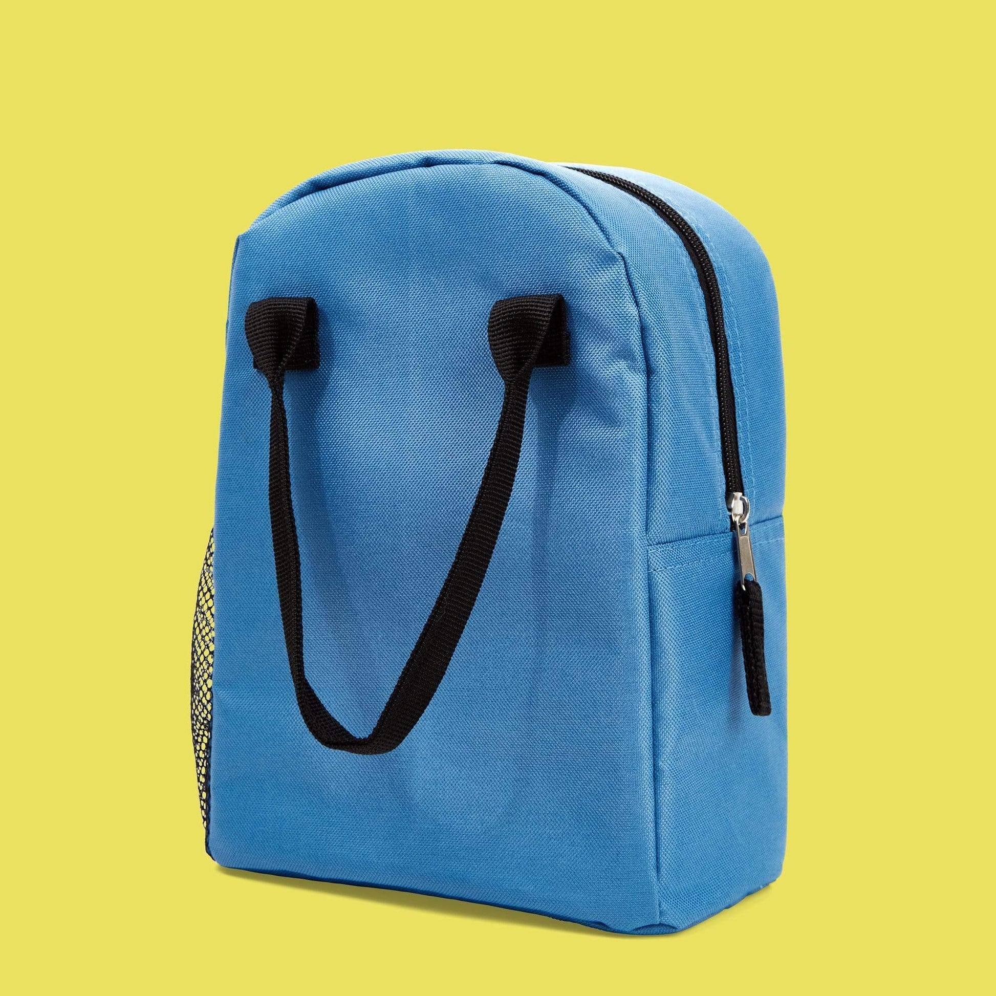 back of Spider-Man lunch bag with blue back and top zipper.  Black handles and zipper detail