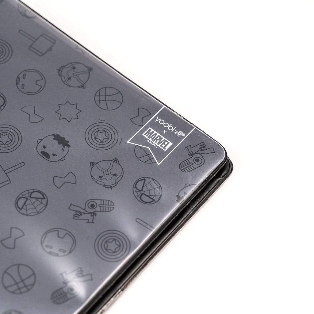 close up of Avengers icon front cover of binder showing icon print